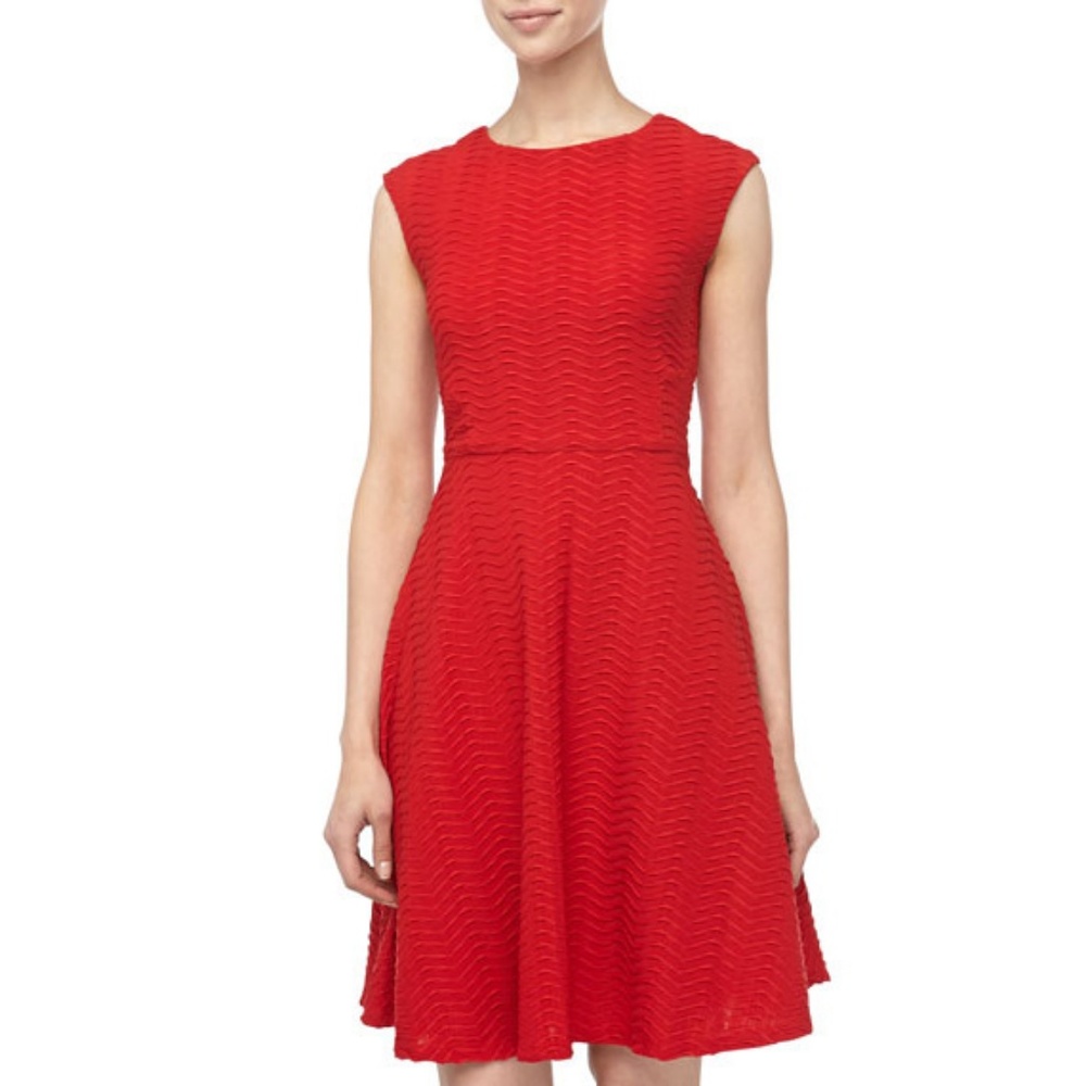CHETTA B - Wave Knit Fit-And-Flare Red Midi Dress